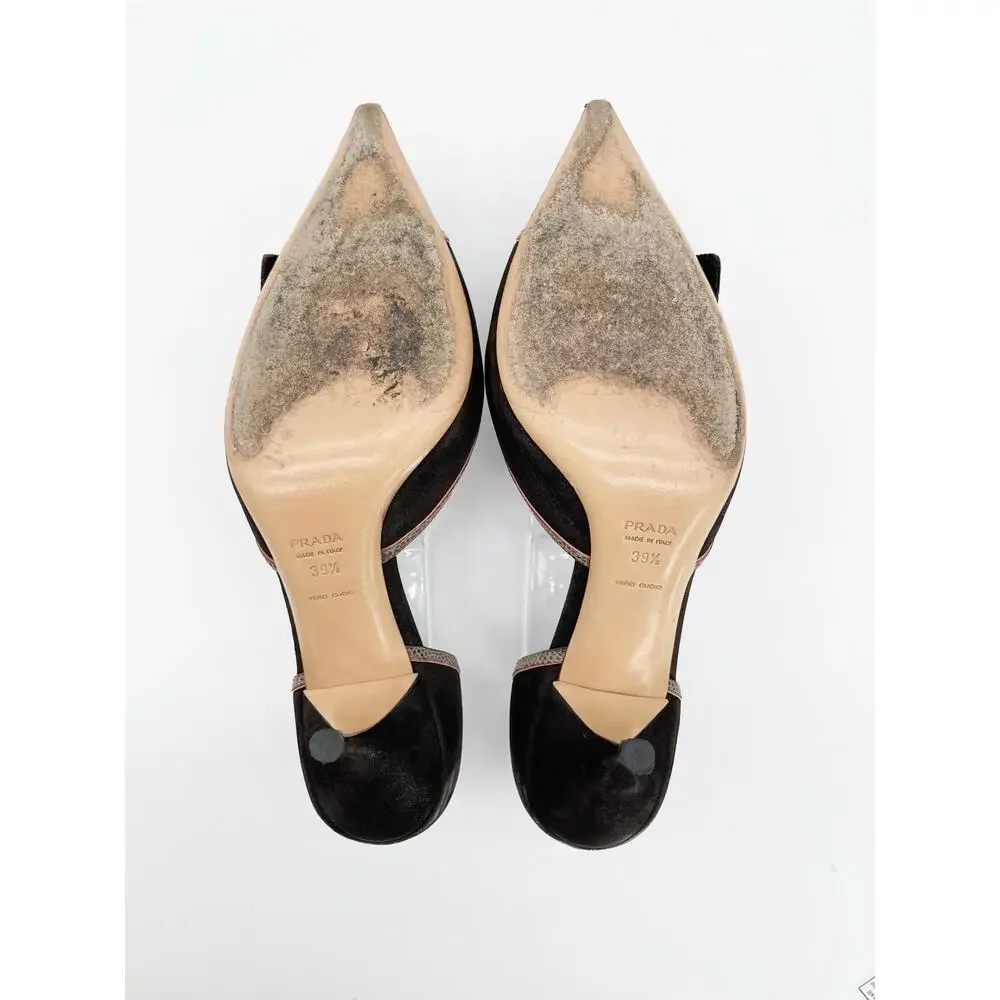 Prada Vintage Dark Brown Camel Nubuck Leather Buckle D'Orsay Pumps Heels IT 39.5